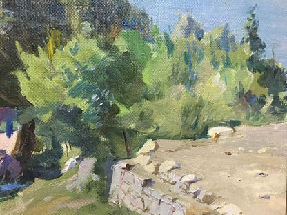 Oil painting by Manyukov M.N.: sunlit coastal landscape with lush foliage and stone wall