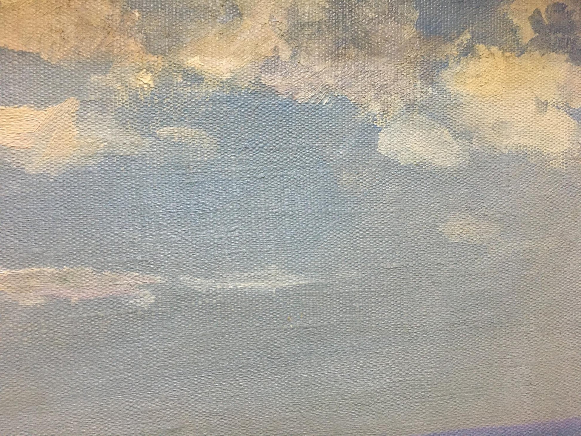 Oil painting by Manyukov M.N.: coastal landscape with blue beige clouds