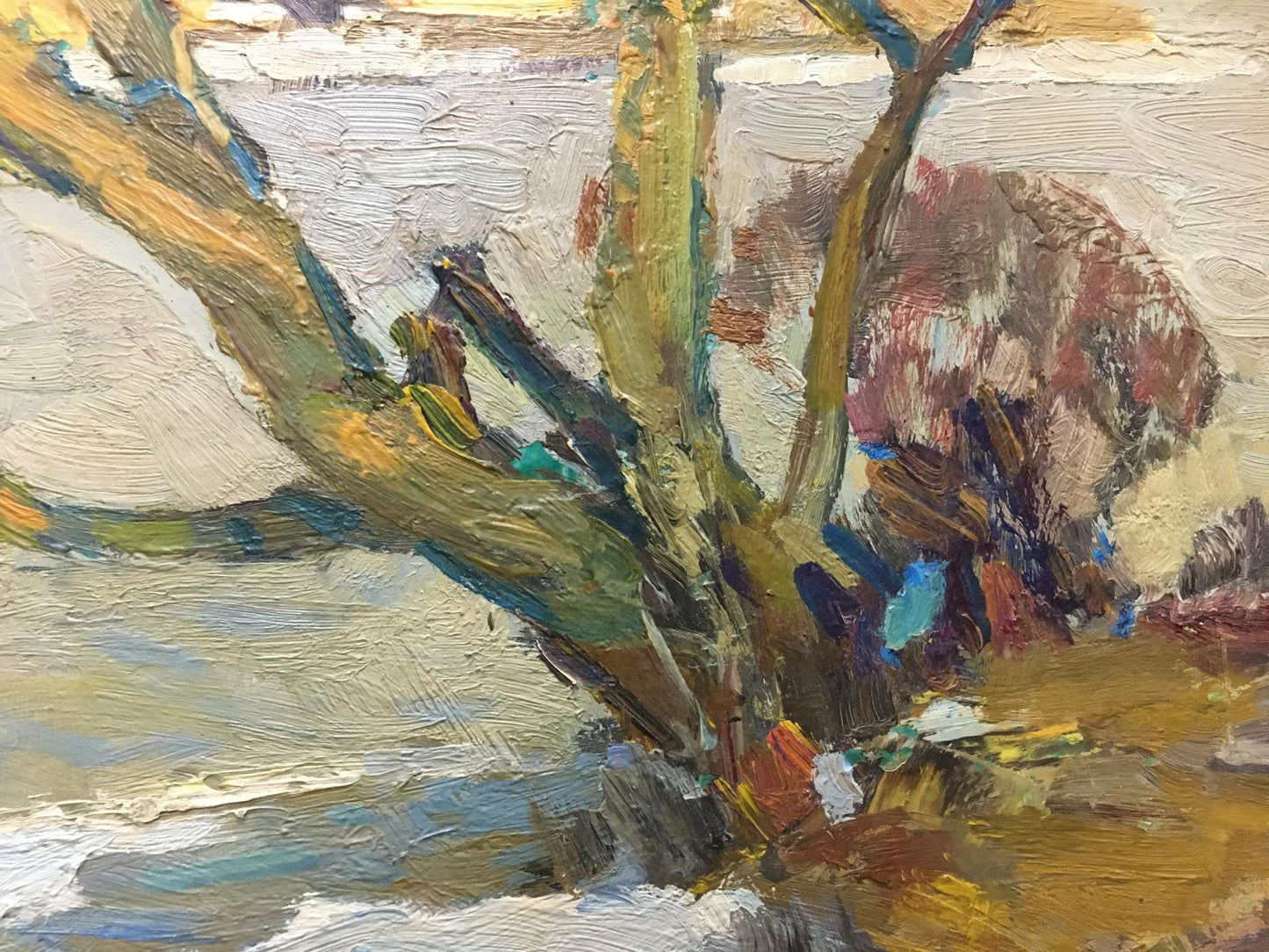 Impasto oil painting of early winter tree trunk by Zakharov Fedor Zakharovich