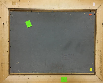 Back of gray chalkboard framed in wood with green notes, Early winter Zakharov painting