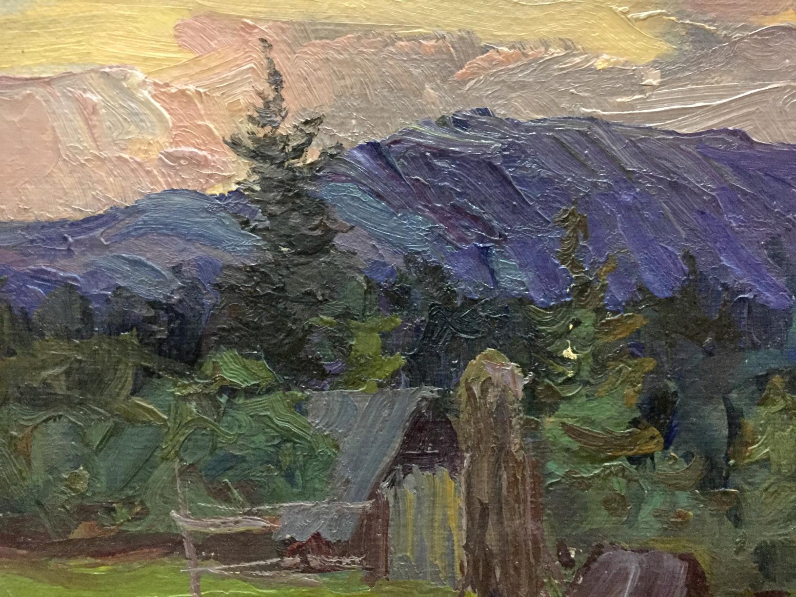 Oil painting Evening landscape by Fomin Anatoly Nikiforovich rustic shed scene