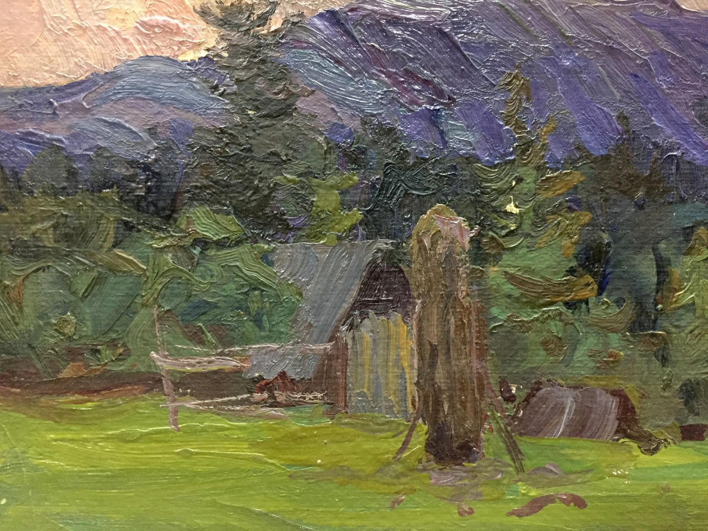 Oil painting by Fomin Anatoly Nikiforovich: rustic shed amid trees and mountains