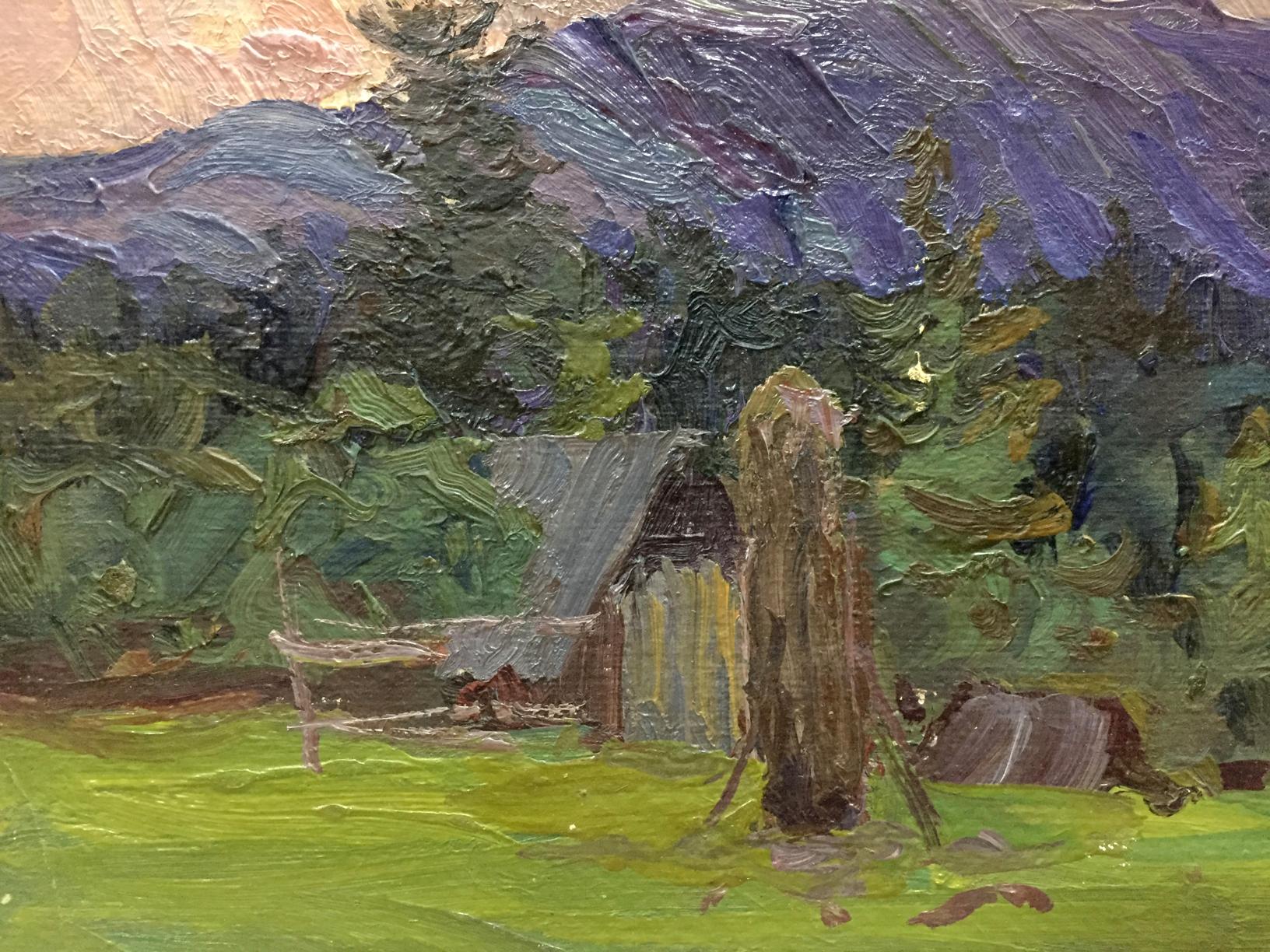 Oil painting by Fomin Anatoly Nikiforovich: rustic shed amid trees and mountains