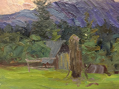 Oil painting by Fomin Anatoly Nikiforovich: rustic shed amid trees and mountains