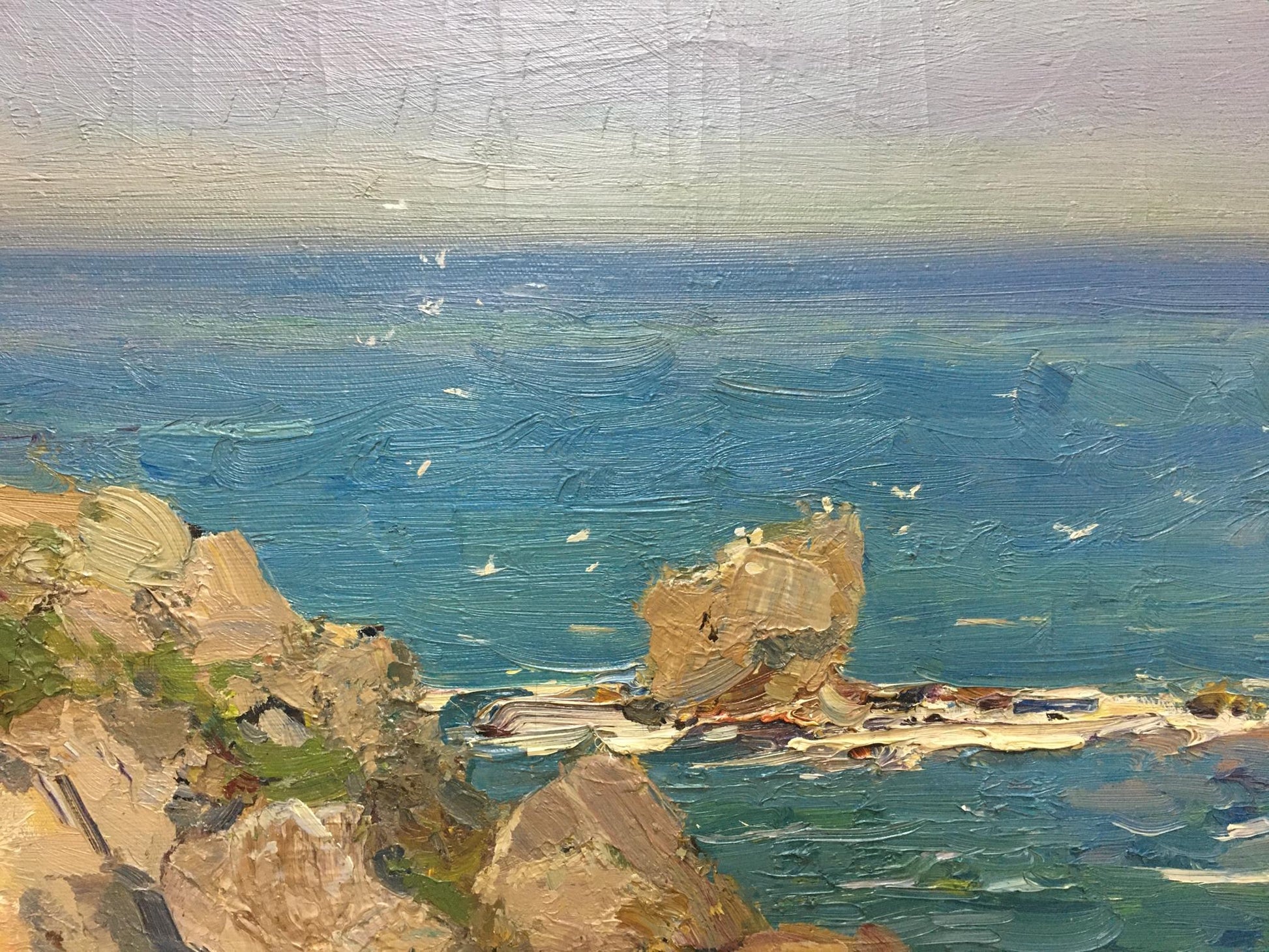 Oil painting Stone coast by Khodchenko Lev Pavlovich, rugged cliffs and turquoise waves