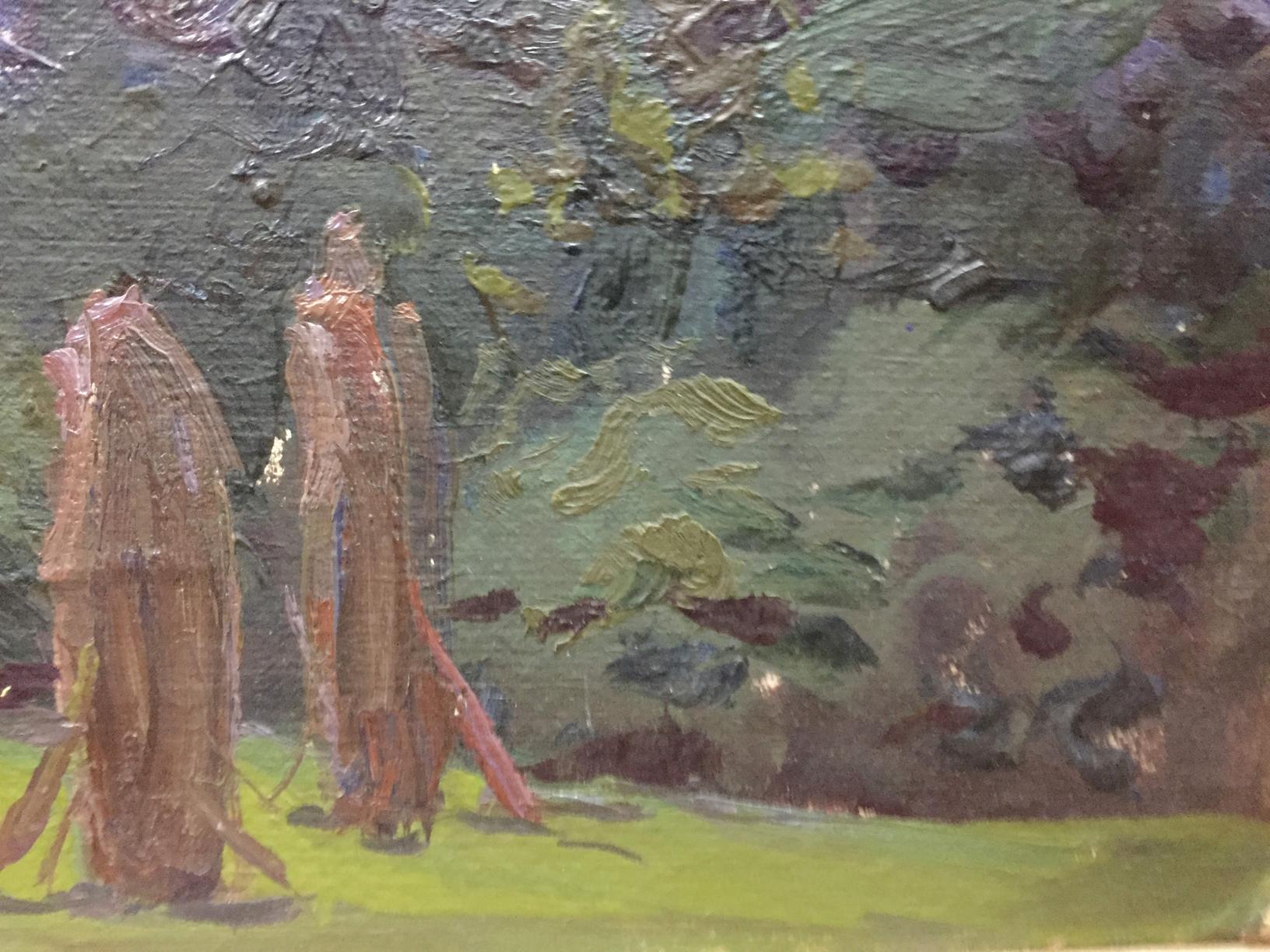 Oil painting by Fomin Anatoly Nikiforovich: two robed figures in evening landscape