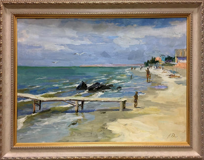 Oil painting Sea shore by Dmitriev Alexander Vladimirovich in beige ornate frame
