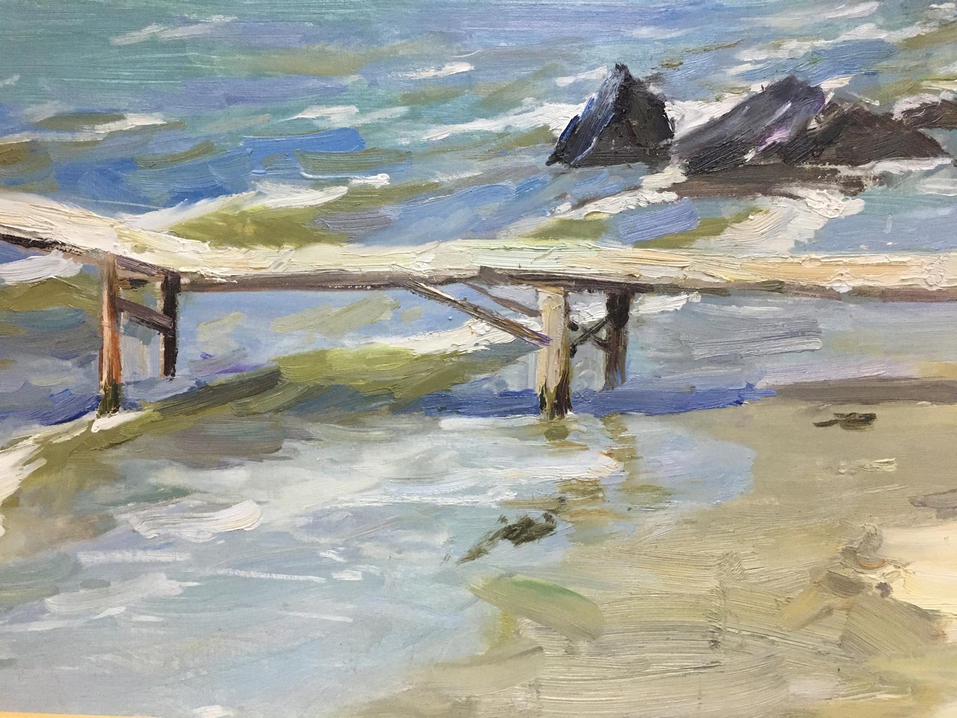 Oil painting of weathered pier over turquoise sea shore by Dmitriev Alexander Vladimirovich