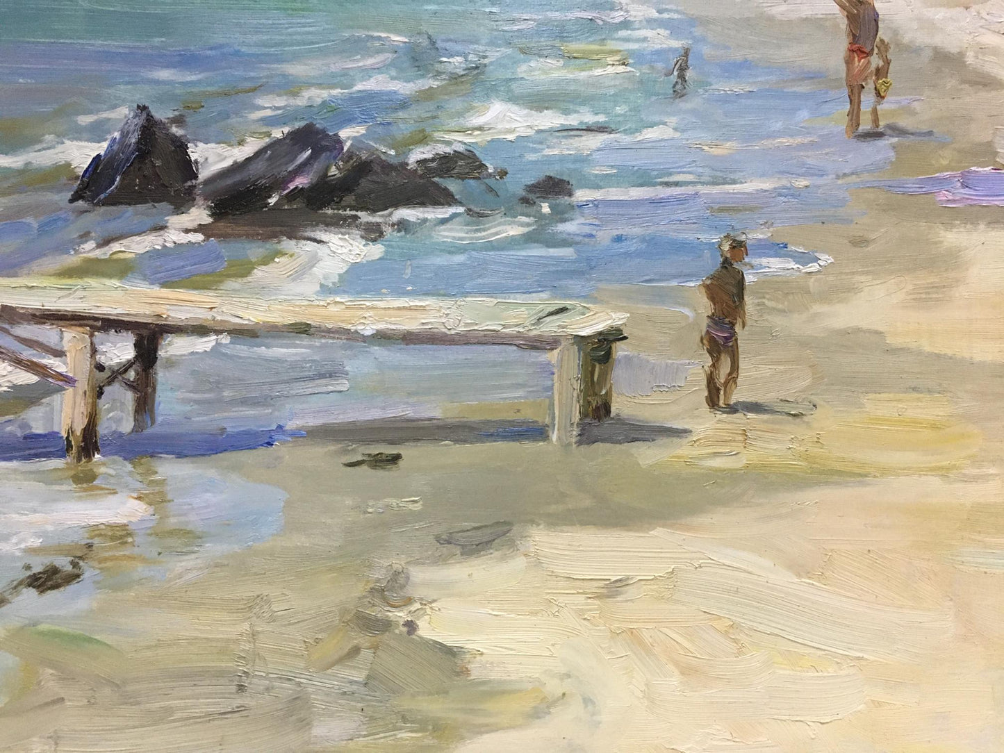 Oil painting of weathered wooden pier on beach by Dmitriev Alexander Vladimirovich