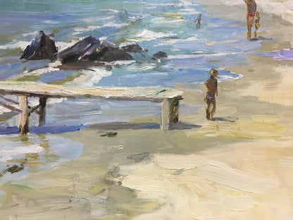 Oil painting of weathered wooden pier on beach by Dmitriev Alexander Vladimirovich