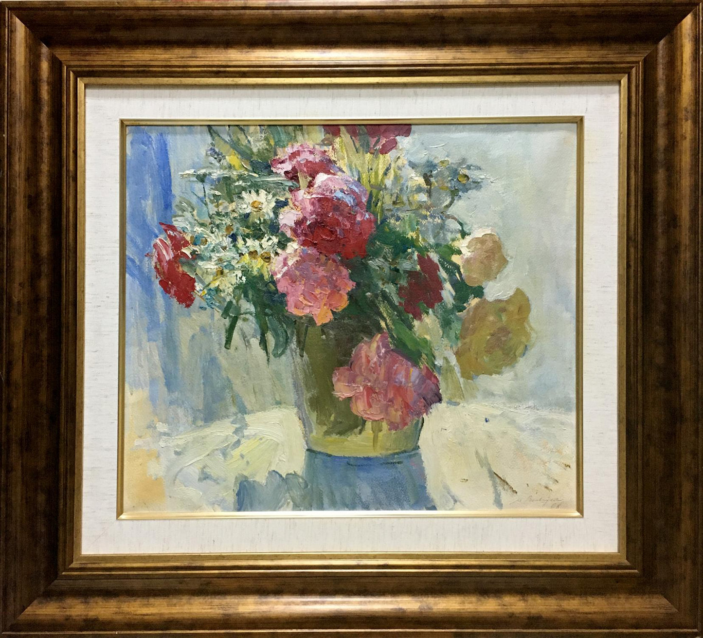 Vibrant Petr Volsky oil painting of pink red carnations white daisies in green vase
