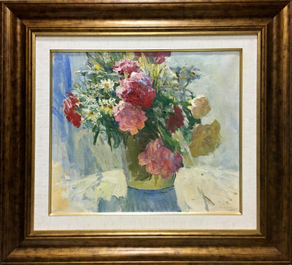 Vibrant Petr Volsky oil painting of pink red carnations white daisies in green vase