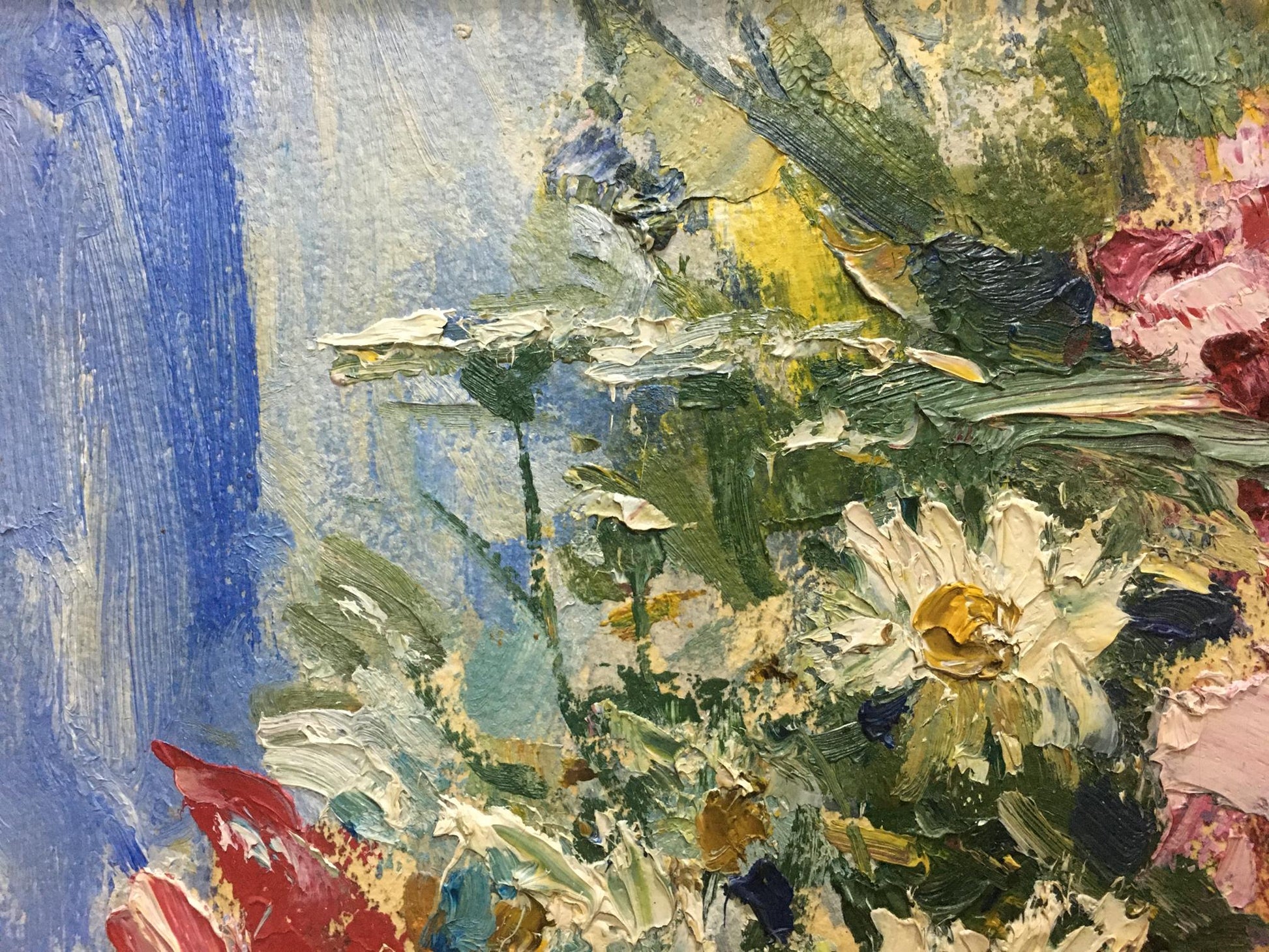 Vibrant oil painting of white daisies by Petr Volsky with green foliage