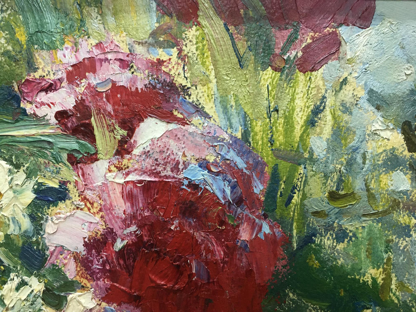 Vibrant red pink flower oil painting by Petr Volsky with impasto strokes