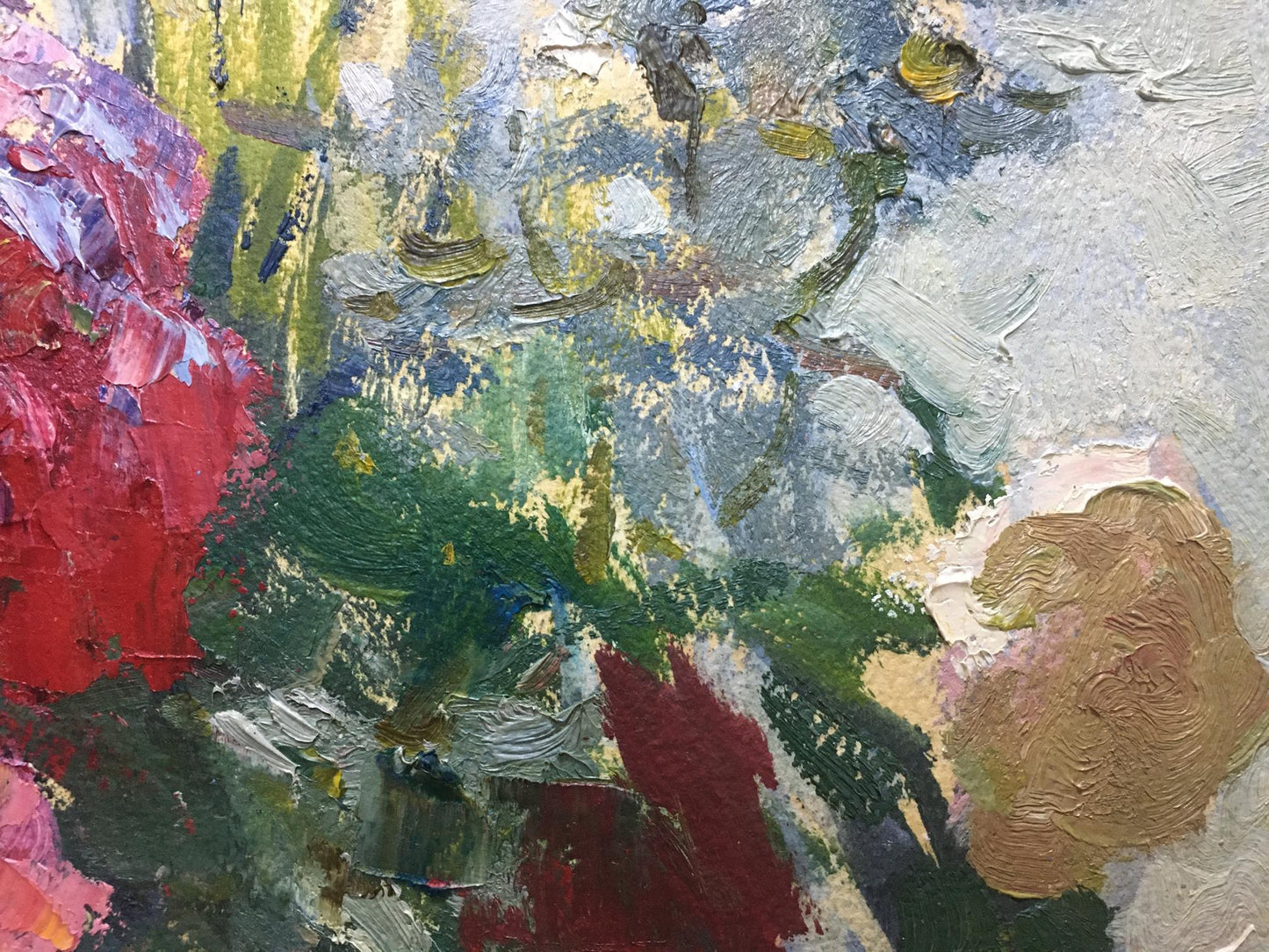 Oil painting Flowers Petr Volsky with bold textured brushstrokes in red, green, yellow, gray