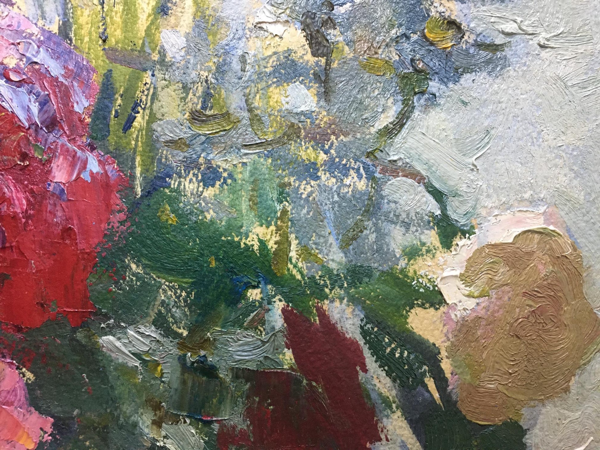 Oil painting Flowers Petr Volsky with bold textured brushstrokes in red, green, yellow, gray