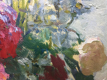 Oil painting Flowers Petr Volsky with bold textured brushstrokes in red, green, yellow, gray