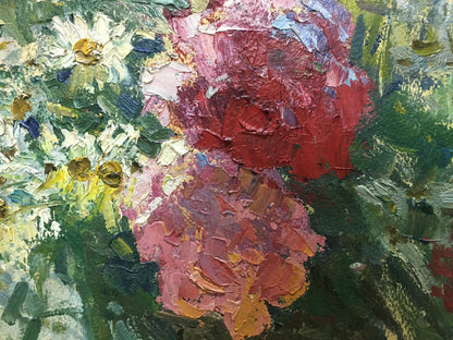 Vibrant Petr Volsky oil painting of red pink roses and white daisies in impasto style