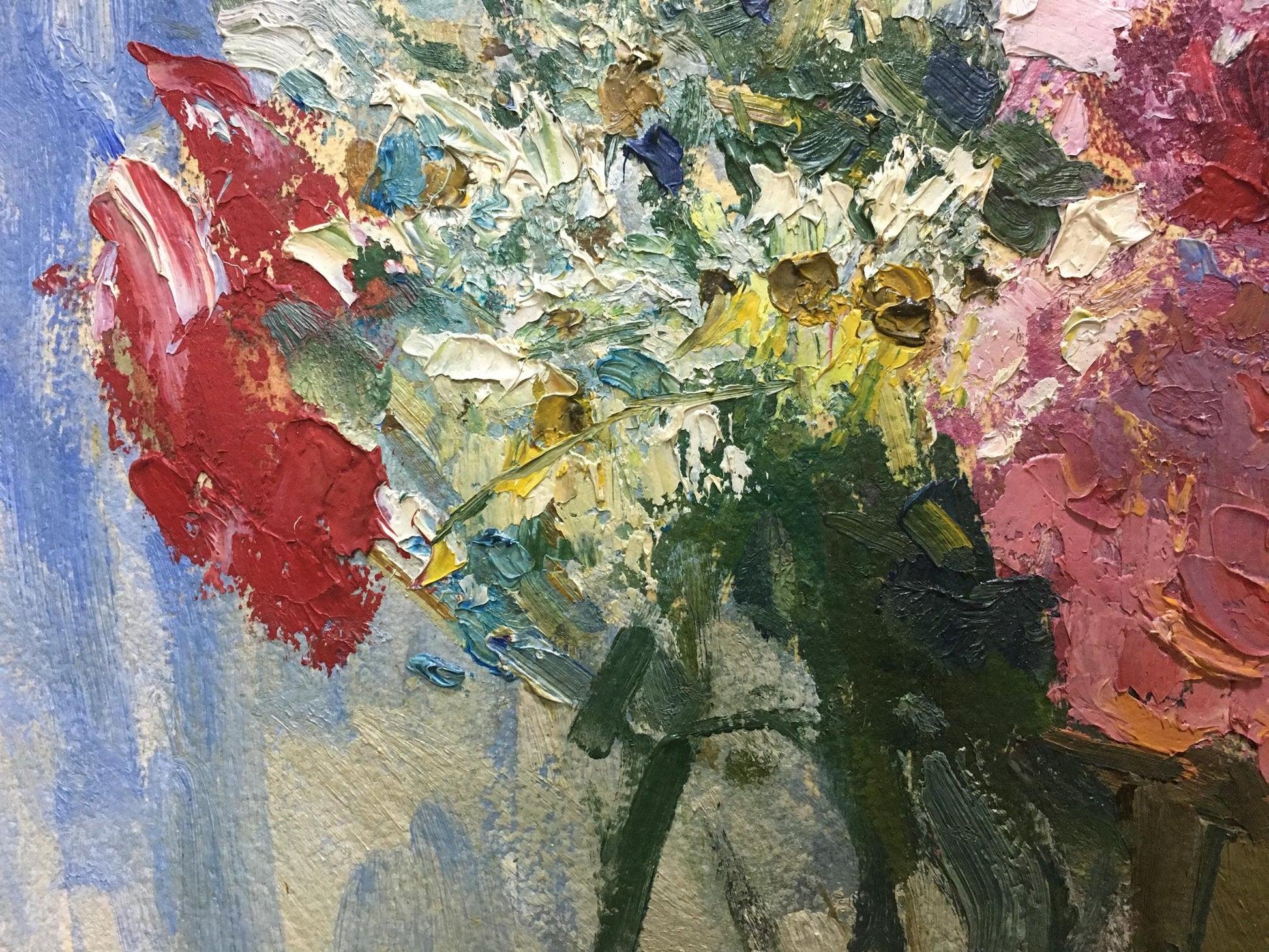 Vibrant oil painting of red pink flowers by Petr Volsky