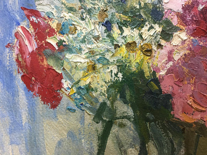 Vibrant oil painting of red pink flowers by Petr Volsky