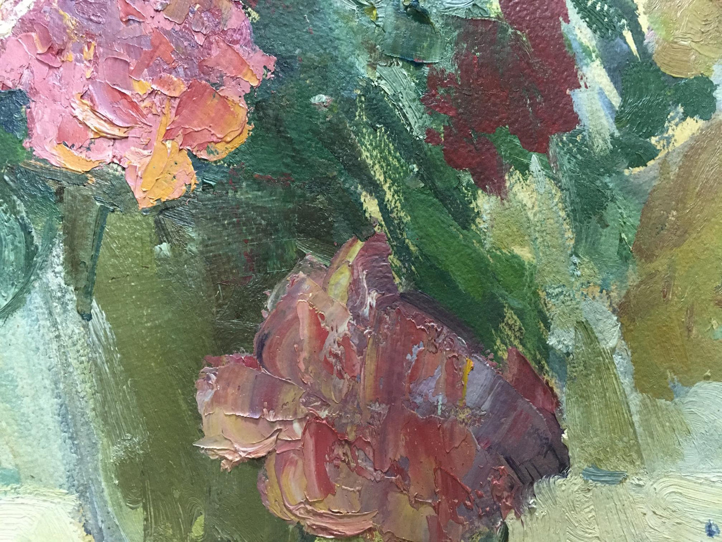 Oil painting Flowers Petr Volsky: vibrant pink red flowers impasto on green foliage