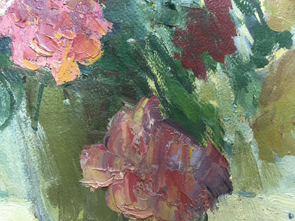 Oil painting Flowers Petr Volsky: vibrant pink red flowers impasto on green foliage