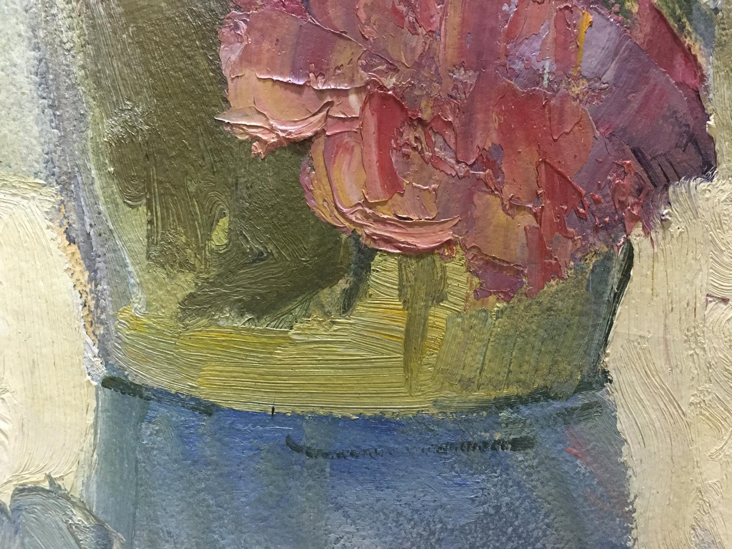 A textured oil painting of a vibrant red and pink flower arrangement in a greenish-yellow vase.