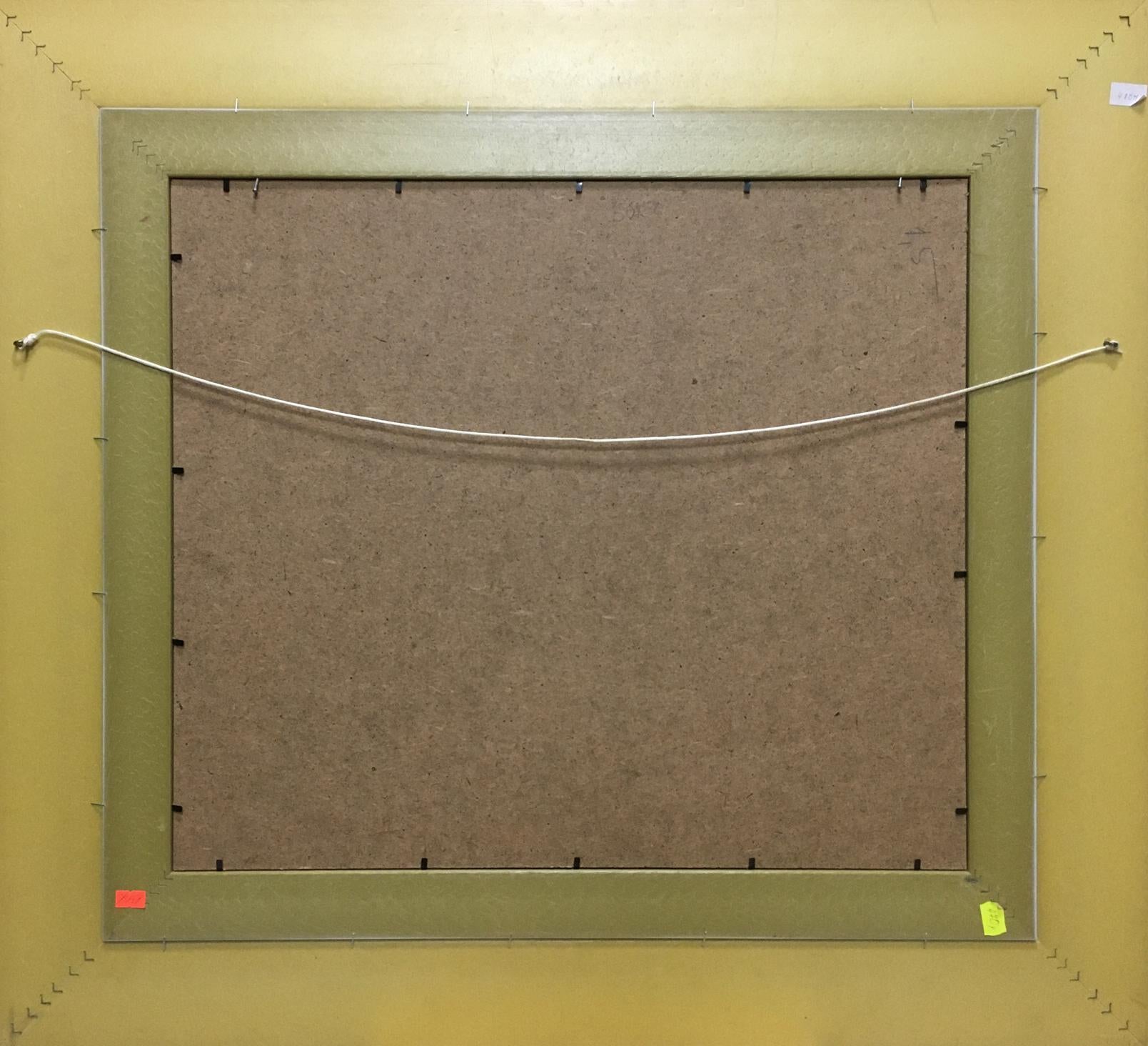 Back of Oil painting Flowers Petr Volsky with olive green frame, brown particle board backing, white hanging wire