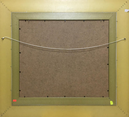 Back of Oil painting Flowers Petr Volsky with olive green frame, brown particle board backing, white hanging wire