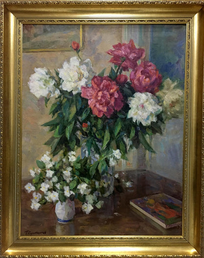 Oil painting of pink and white peonies by Sorokoletov Gavriil Vladimirovich