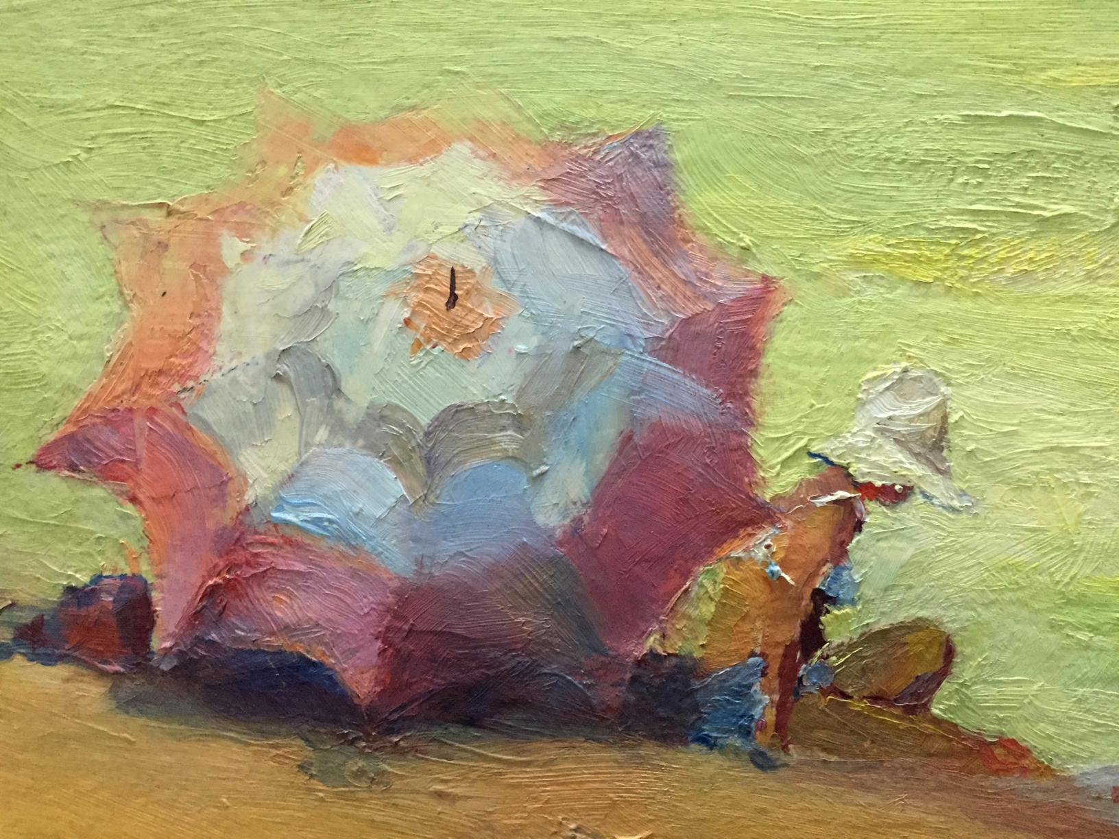 Vibrant oil painting by P. Tkachenko of people sunbathing under colorful umbrella