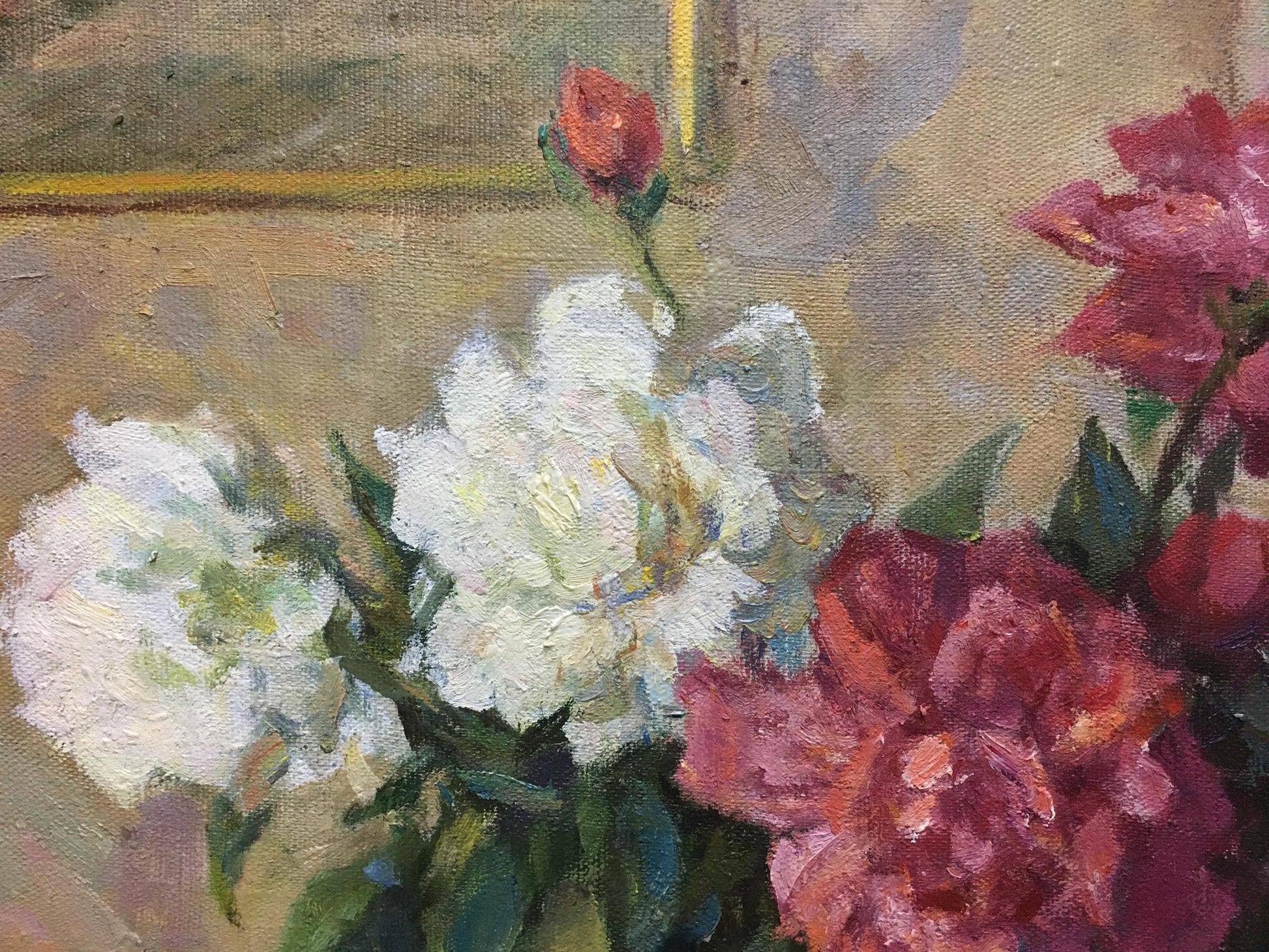 Vibrant oil painting of lush white and pink roses by Sorokoletov Gavriil Vladimirovich