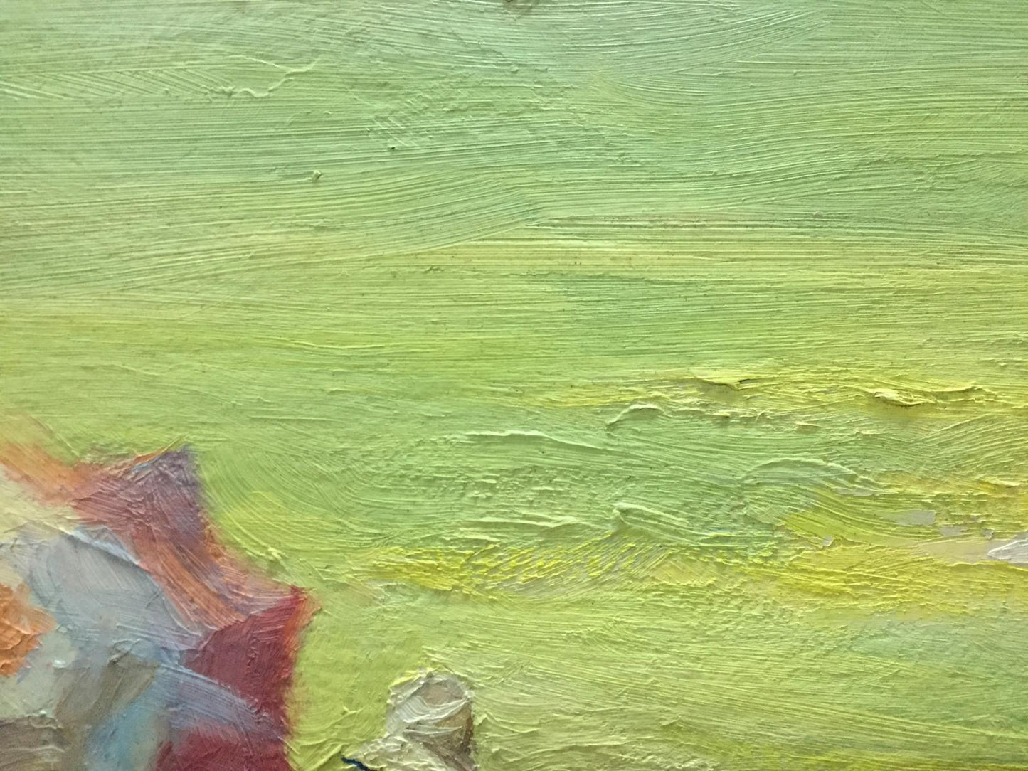 Oil painting by P. Tkachenko: textured green-yellow strokes with red-gray corner