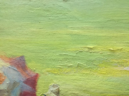 Oil painting by P. Tkachenko: textured green-yellow strokes with red-gray corner