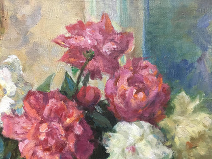 Oil painting of lush pink white roses by Sorokoletov Gavriil Vladimirovich