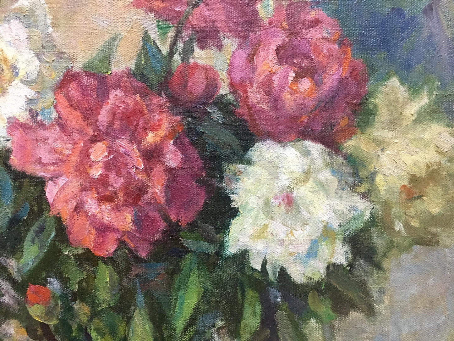 Oil painting of pink white peonies by Sorokoletov Gavriil Vladimirovich