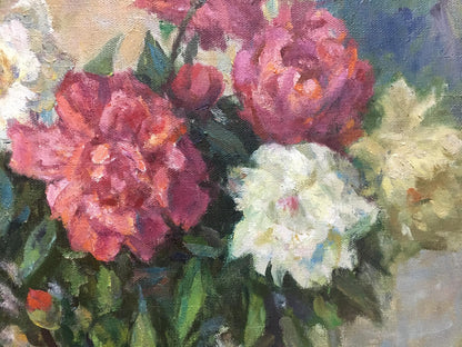 Oil painting of pink white peonies by Sorokoletov Gavriil Vladimirovich