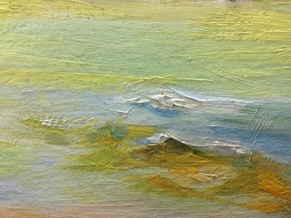 Textured oil painting by P. Tkachenko of sunbathing people in serene landscape