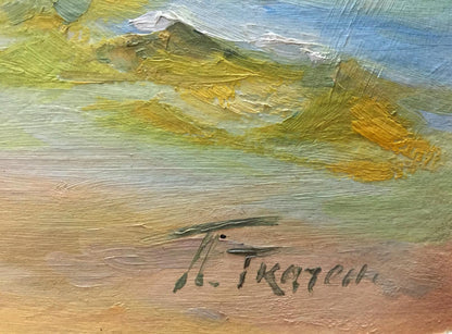 Textured oil painting by P. Tkachenko of mountain range with white peaks