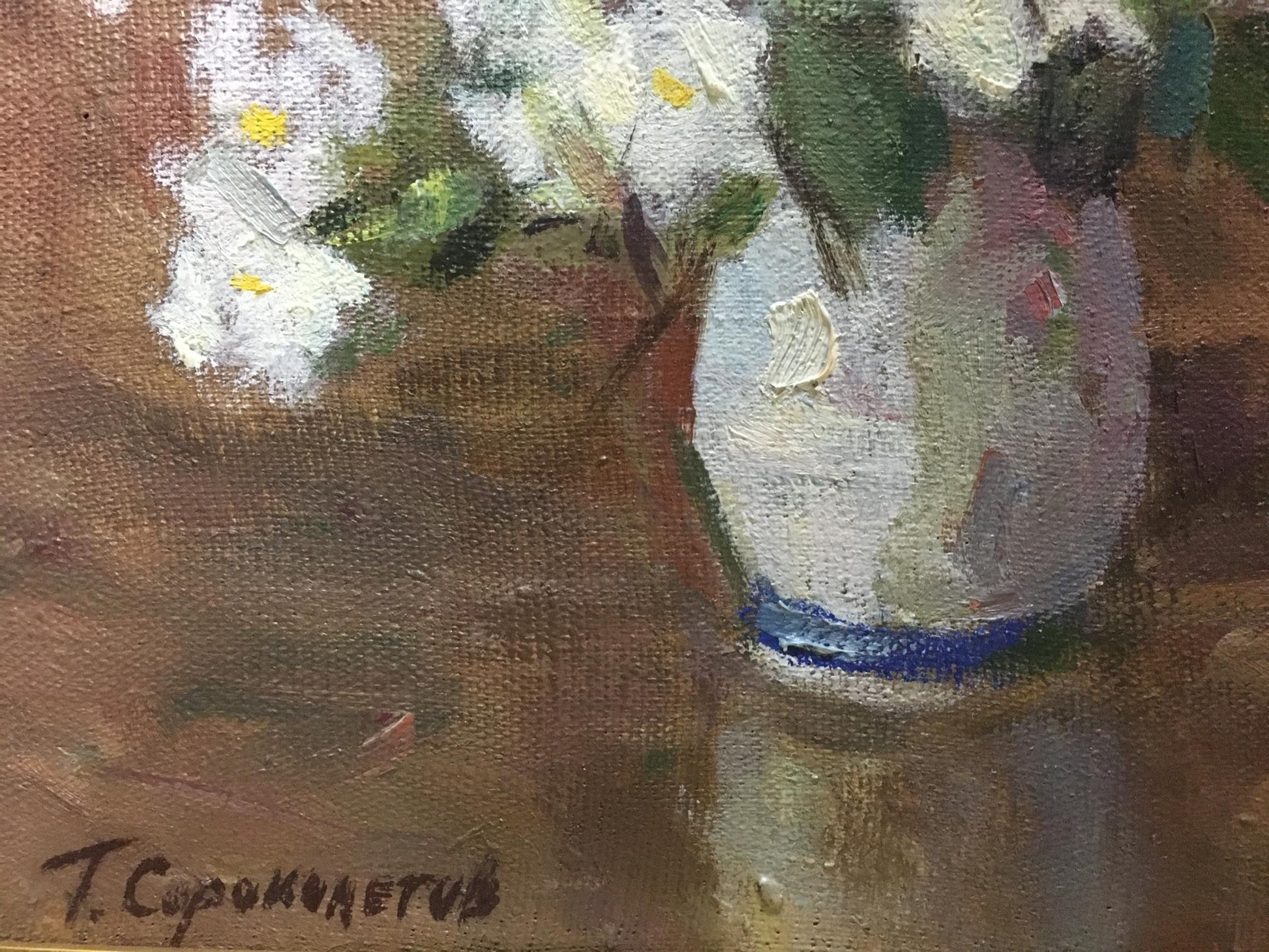 Oil painting of soft off-white vase with blue rim and white flowers by Sorokoletov Gavriil Vladimirovich