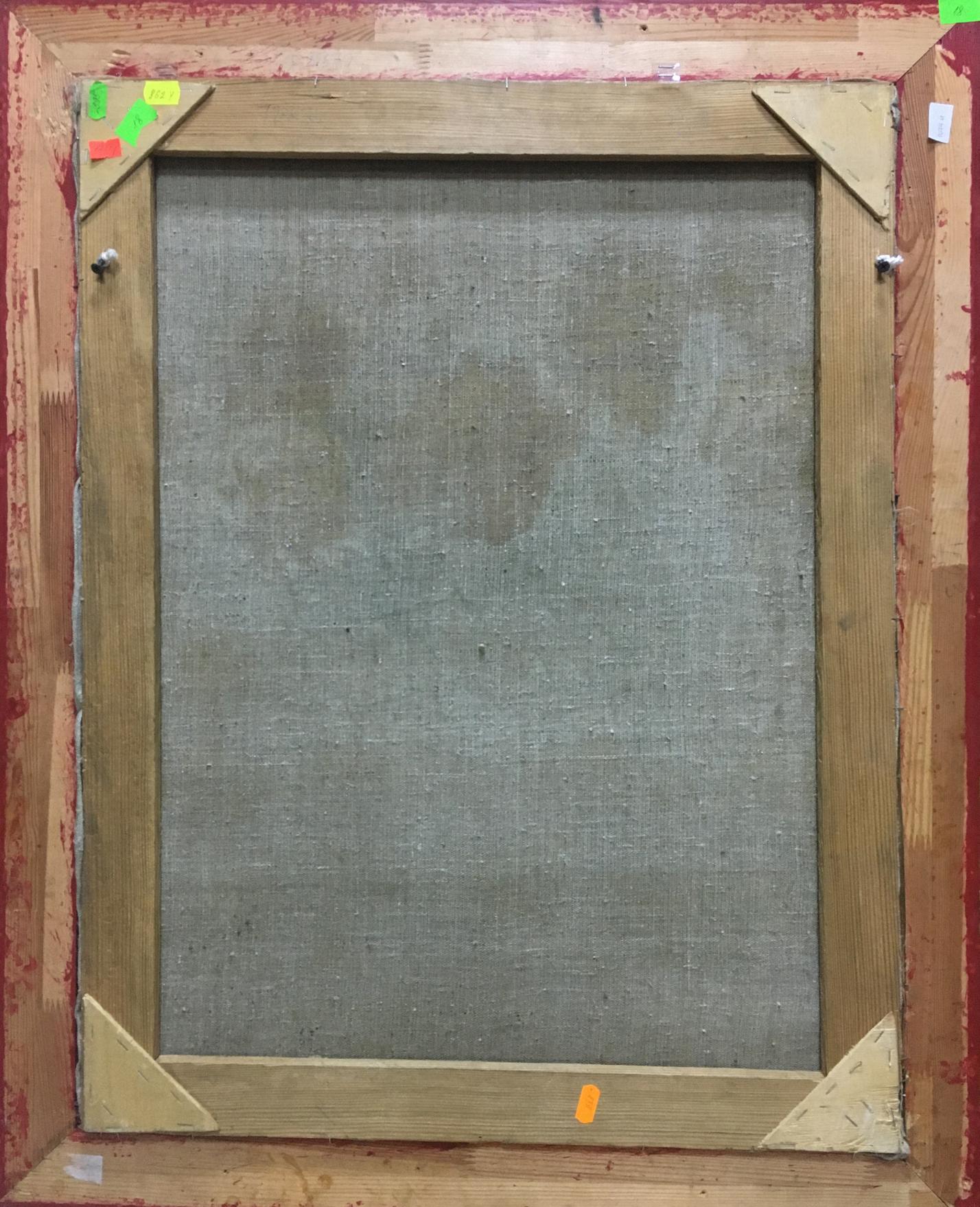 Back of rustic wooden frame with gray canvas and colorful notes by Sorokoletov Gavriil Vladimirovich