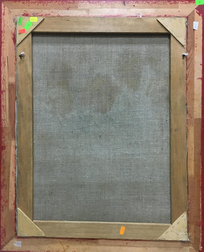 Back of rustic wooden frame with gray canvas and colorful notes by Sorokoletov Gavriil Vladimirovich