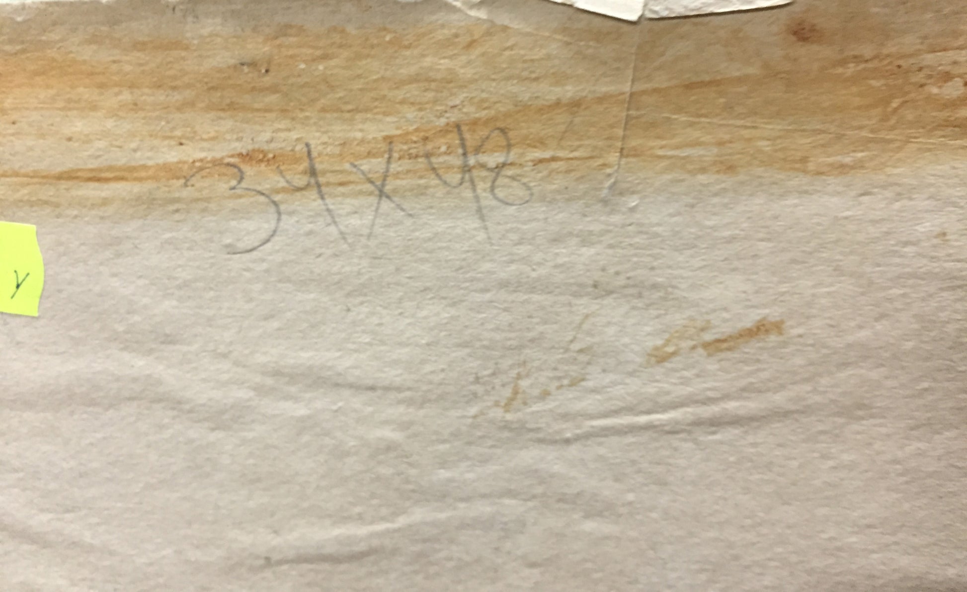 Back of P. Tkachenko oil painting on beige textured paper with pencil marks and yellow sticky note