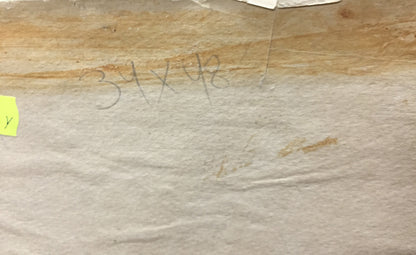 Back of P. Tkachenko oil painting on beige textured paper with pencil marks and yellow sticky note