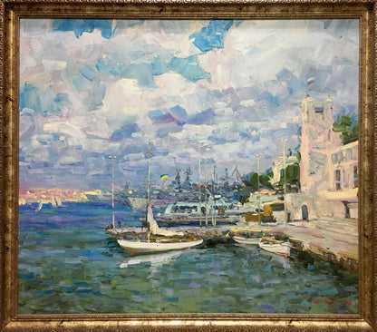 Framed impressionist oil painting of harbor by Shadrin Alexander Petrovich