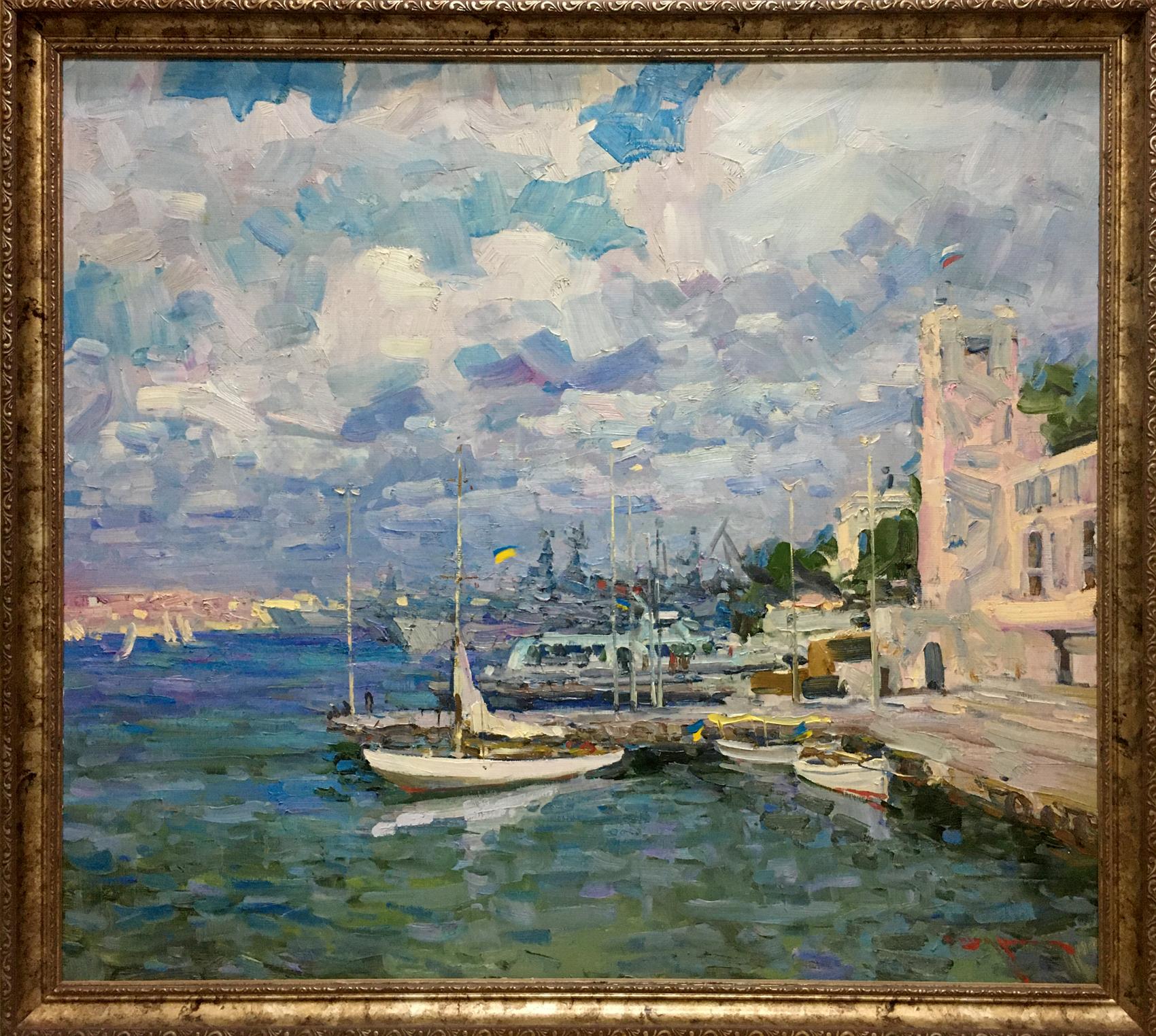 Framed impressionist oil painting of city port by Shadrin Alexander Petrovich