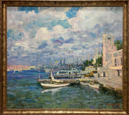 Framed impressionist oil painting of city port by Shadrin Alexander Petrovich