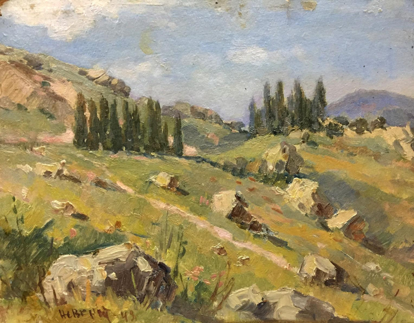 Oil painting Mountain: sunlit hillside with grass, rocks, cypress trees