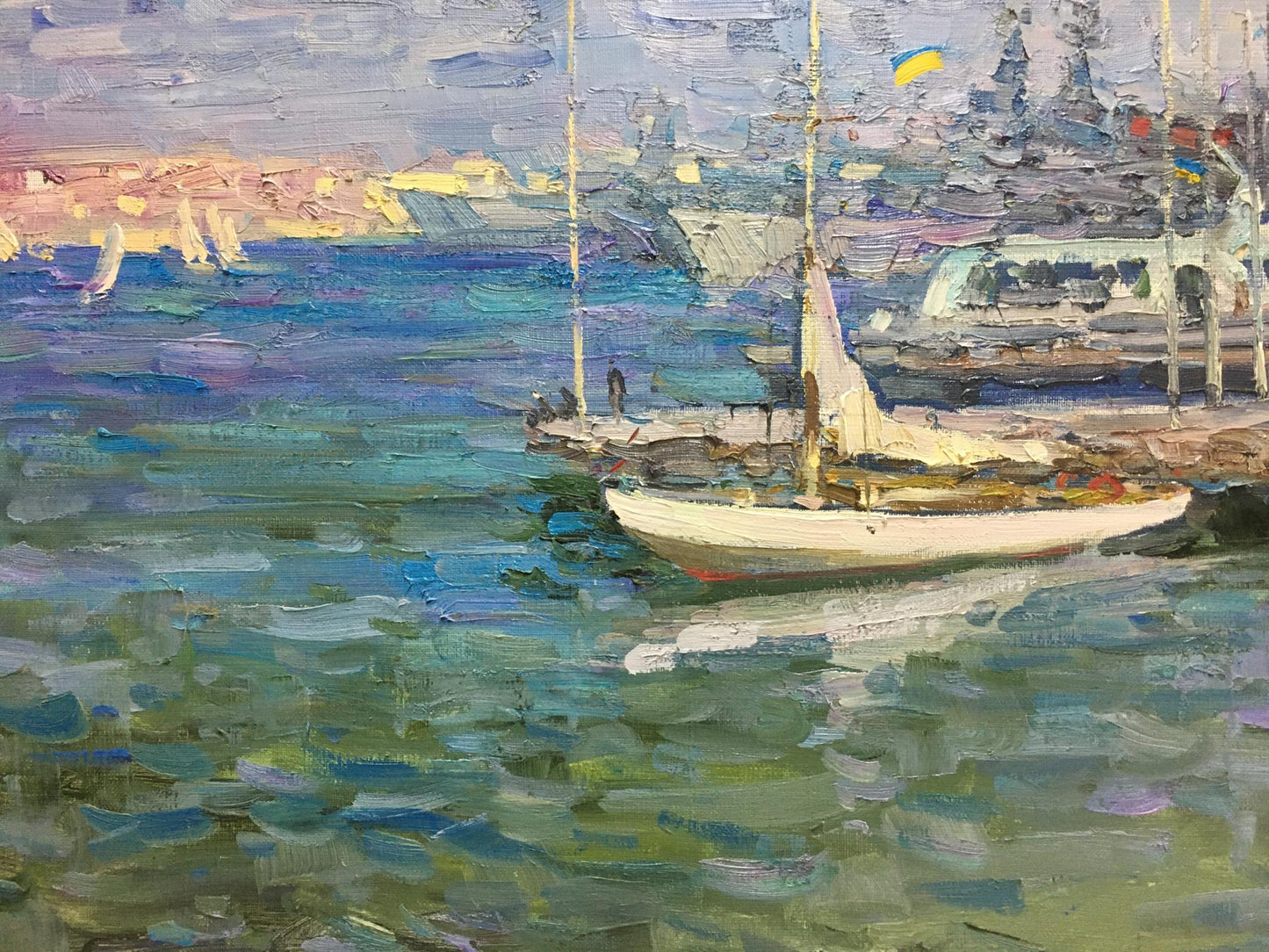 Oil painting of white sailboat in city port by Shadrin Alexander Petrovich