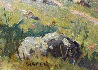Oil painting of mountain rock in green grass and pink flowers